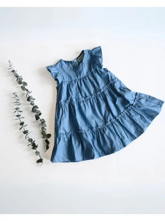 Tiered & True Flutter Sleeve Dress - Light Denim